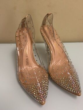 Azalea Wang Nude Clear Pointed Toe Crystal Pumps with crystal bubble heels